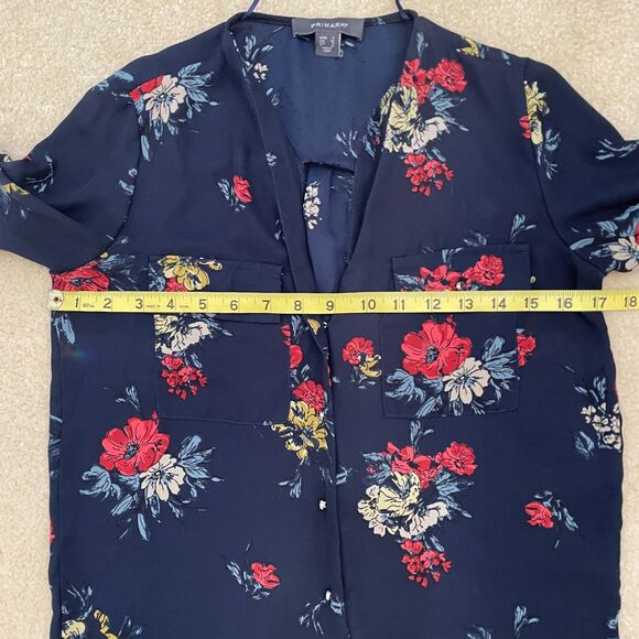 Primark Women's Size 0 Long Sleeve Navy Blue Floral Blouse V-Neck Boho Pocket - Picture 6 of 7